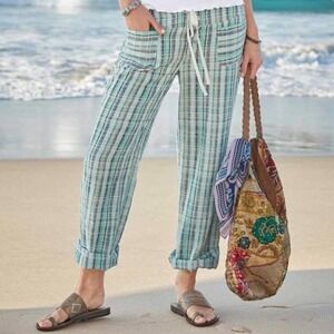 Sundance Womens Gigi Plaid Cotton Straight Leg Pant Teal Blue Size Large Coastal